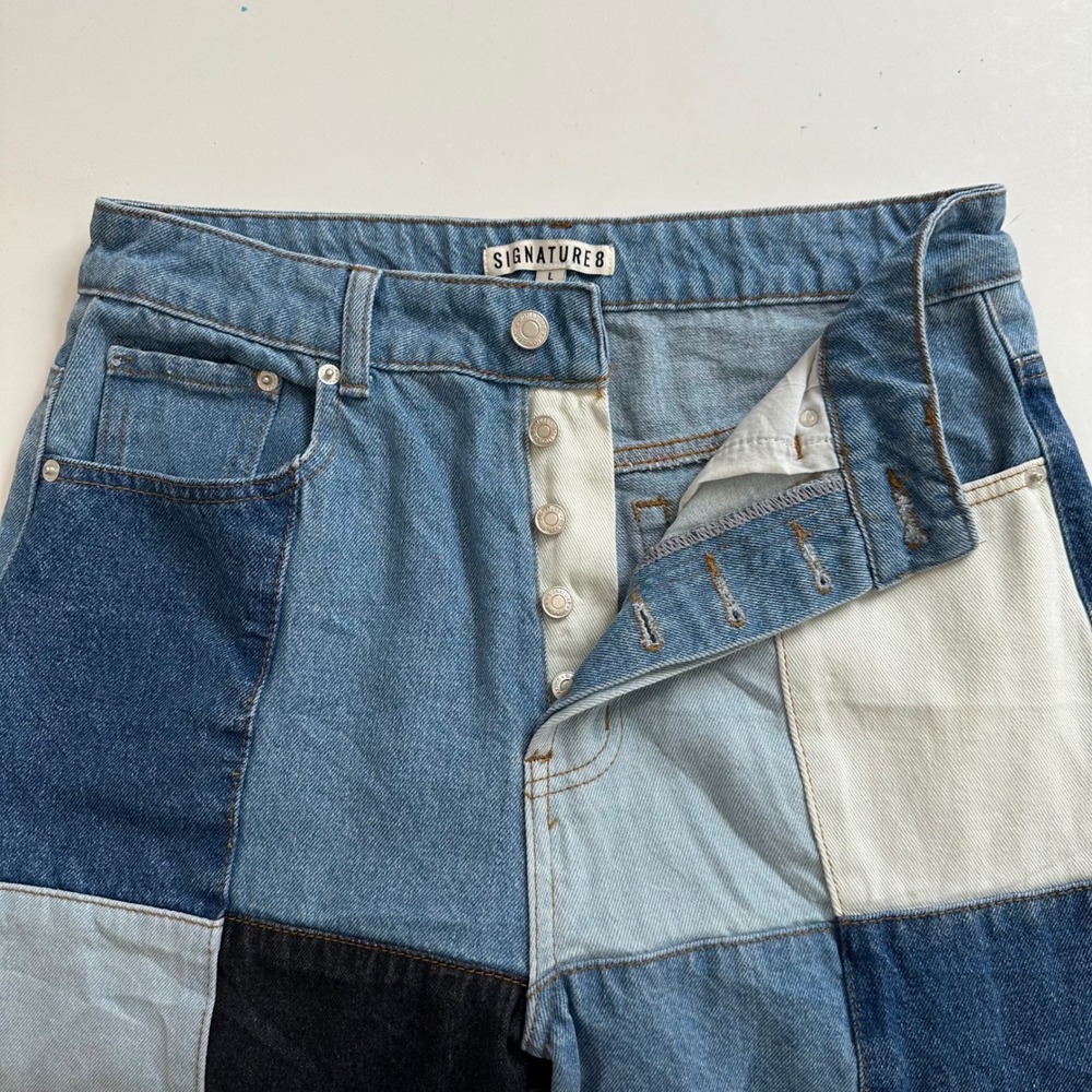 Signature 8 Mollie Colorblock Jeans Women L Blue Patchwork Wide Leg Retro Pants